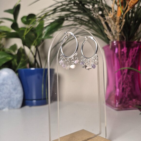 Handmade 925 Sterling Silver Hoops with Amethyst Chip Beads - Picture 2 of 4